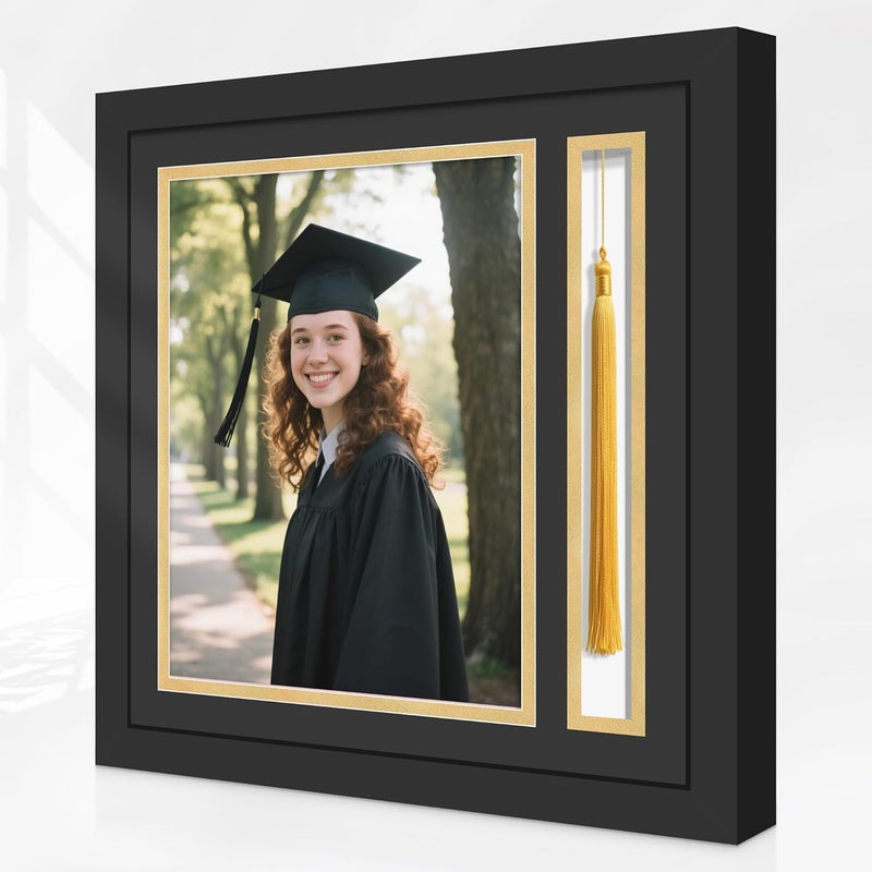 Picrit Photo Frame with Tassel Holder for 8x10 Pictures with Tempered Glass, Class of 2025 Graduation Decoration Gift, Black over Gold Mat, Wall or Tabletop Display - Image 2